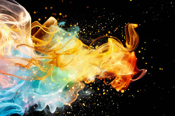 Poster - This vibrant abstract background showcases a fluid blend of orange, blue, and gold colors swirling gracefully against a dark backdrop, evoking a sense of dynamic movement and creativity