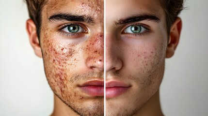 Wall Mural - Split screen of a man's face showing acne before, then glowing clear skin after natural herbal treatment Botanical elements, realistic, soft shadows, neutral background