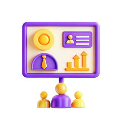 Aufkleber - A colorful 3D representation of a business presentation, featuring an interactive board with icons depicting growth, identity, and engagement among three figures.
