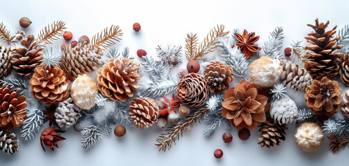 Wall Mural - Close-up of new year decoration on white background, Christmas banner with balls and decorations on empty space