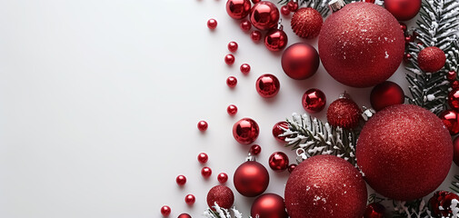 Close-up of new year decoration on white background, Christmas banner with balls and decorations on empty space