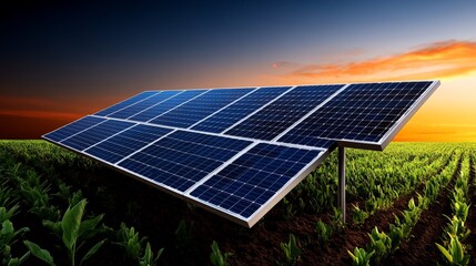 Solar Power at Sunset: A panoramic view of a solar panel array set against a vibrant sunset, capturing the essence of renewable energy and its potential to power a sustainable future. 