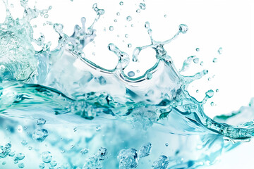 Poster - A vivid splash of water erupts, creating intricate patterns as droplets cascade and merge. The background remains bright, enhancing the energetic movement of the water