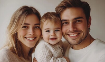 Wall Mural - Happy and cheerful young beautiful family are smiling and posing while have a fun together over white background, Generative AI