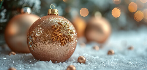 Close-up of new year decoration on white background, Christmas banner with balls and decorations on empty space