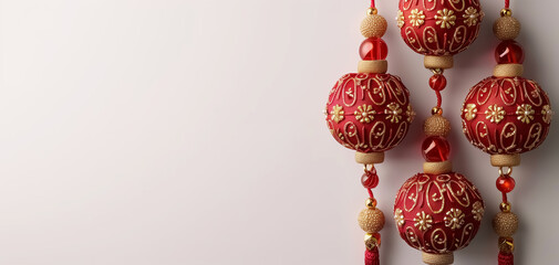 Close-up of new year decoration on white background, Christmas banner with balls and decorations on empty space