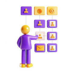 Poster - A colorful 3D character in purple and yellow is interacting with a user interface, selecting icons and managing options. The interface displays various user-related icons.