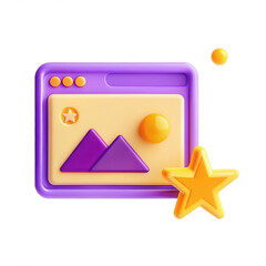 Poster - A vibrant 3D render showcasing a purple browser window with geometric shapes and icons. The design features mountains and a star, set against a bright background.