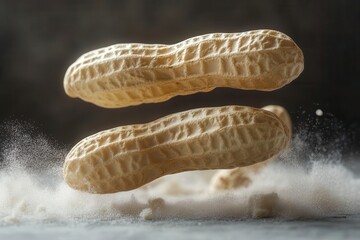 artistic arrangement of floating peanuts soft shadows minimalist backdrop macro details subtle textures muted earthy color palette