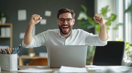 Wall Mural - Happy Man Celebrating Success in Modern Office