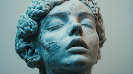 Poster - Surreal 3D Sculpture of a Human Face with Brain Detail