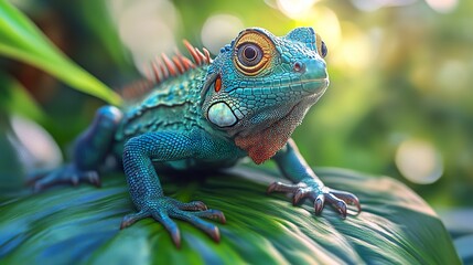 Sticker - Close Up of a Vibrant Green and Blue Lizard in a Tropical Forest