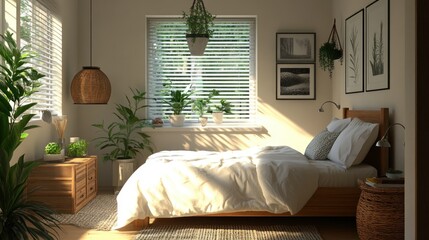 Wall Mural - A Minimalist Bedroom with a Wooden Bed, White Bedding, and Natural Light Streaming In