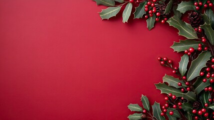 Wall Mural - A vibrant red background is adorned with lush greenery and red ornaments, creating a festive atmosphere ideal for holiday celebrations and Christmas decor