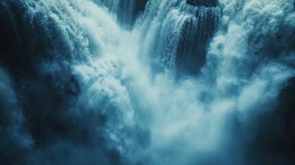 Close-up View of a Powerful Waterfall with White Water Mist