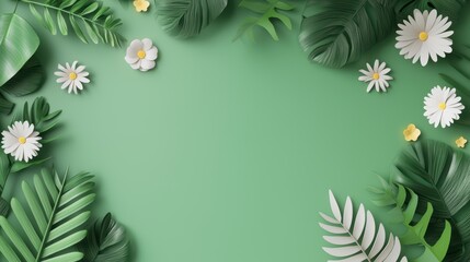 Canvas Print - Tropical Leaves and Flowers on Green Background - Nature Inspired Flat Lay with Copy Space