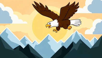 Canvas Print - Cartoon eagle flying over mountains with clouds and sun background