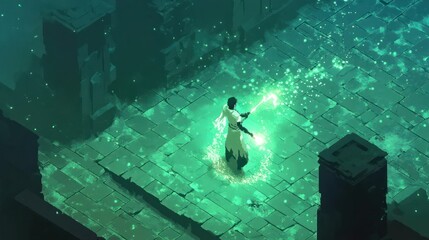 Wall Mural - A hooded figure casting green magic on a cobblestone path