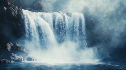 Canvas Print - Misty Waterfall Cascading over Rocky Cliffs