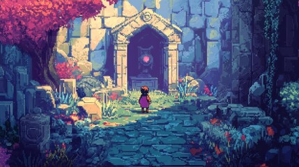 Wall Mural - A lone figure approaches a mystical, pixelated gateway in a fantastical, colorful landscape.