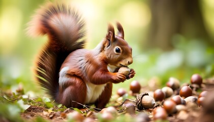 Canvas Print - Red squirrel enjoying an acorn amidst a blurred nature backdrop