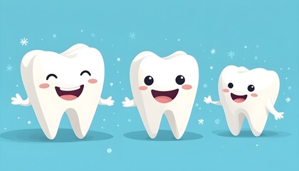 Cheerful 3D Tooth Characters Celebrating Together on a Bright Blue Background