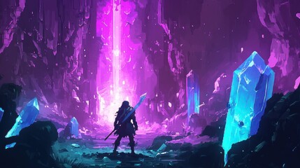 Canvas Print - A lone figure stands before a glowing purple portal in a crystalline cave