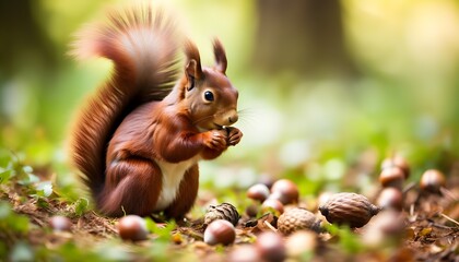 Wall Mural - Red squirrel enjoying an acorn amidst a blurred nature backdrop