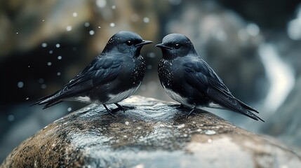 Poster - Two Black Birds Perched on a Rock in the Rain