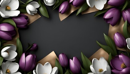 Wall Mural - Elegant purple tulips wrapped in rustic brown paper against a clean white backdrop