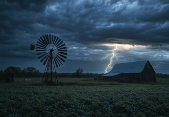 A windmill is in the middle of a field with a storm in the background