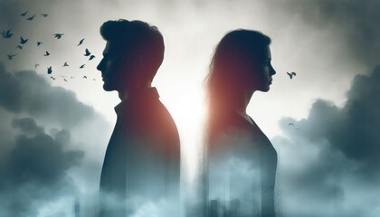 A couple silhouette background looking in different direction , in marriage clash and about to get divorce or to separate