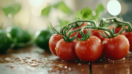 Fresh, ripe tomatoes on a wooden surface, glistening with moisture, complemented by green tomatoes and herbs in a bright, vibrant setting.