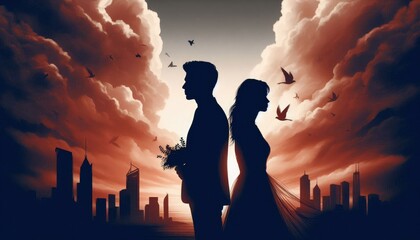 A couple silhouette background looking in different direction , in marriage clash and about to get divorce or to separate