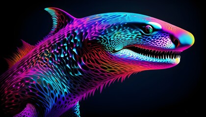 Vibrant Abstract 3D Holographic Shark Fish in a Darkened Depths