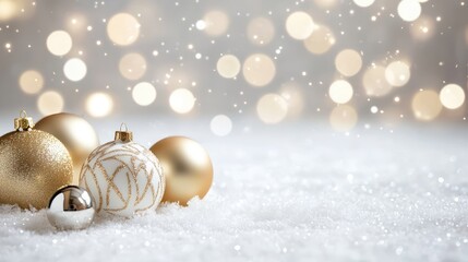 elegant christmas ornaments on snow with sparkling bokeh lights in the background