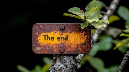 The End Sign on Rustic Rusty Metal, Outdoor Park Trail Symbol, Final Destination Concept