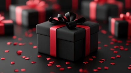 Sticker - Elegant Black Gift Box with Red Ribbon and Bow on Black Background with Red Confetti