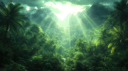 Lush jungle landscape with sunlight filtering through mountains.