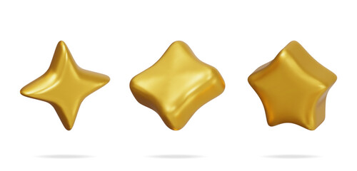 Poster - 3D glossy yellow star in different shapes isolated. Reviews round star realistic render collection. Testimonial rating, feedback, survey, quality and review. Achievements or goal. Vector illustration