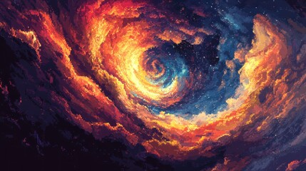 Poster - Abstract Pixelated Swirling Cosmic Nebula with Starry Background