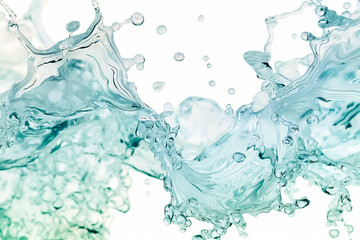 Poster - The image showcases a lively interaction of water splashing against a soft white backdrop, illustrating the beauty of fluid movements and the shimmering clarity of the droplets