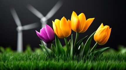 Blooming Green Energy: Vibrant tulips symbolize a sustainable future, flourishing amidst a backdrop of wind turbines. A captivating image representing clean energy and environmental progress. 