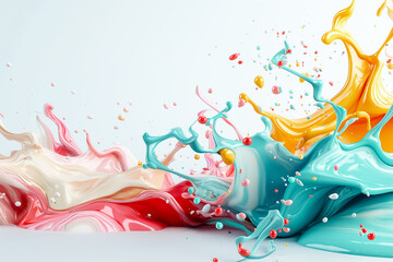 Poster - Vivid splashes of paint in shades of pink, blue, and orange explode against a light background, forming a vibrant and dynamic abstract composition that showcases movement and fluidity