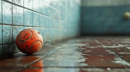 Poster - Old Worn Ball on Tiled Floor - A Photographic Study