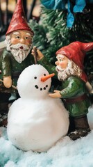 Wall Mural - Christmas Gnomes Building a Snowman in Winter Decor