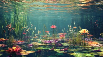 Wall Mural - Underwater View of a Pond with Water Lilies and Lush Vegetation