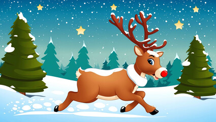 Wall Mural - Cartoon reindeer trotting through snow with trees and stars background