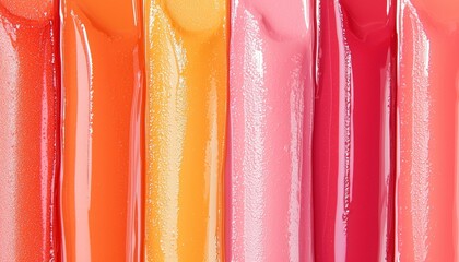 A close-up of juicy lip gloss swatches in cheerful shades of orange, watermelon, and strawberry pink, creating a bright, hydrated finish.