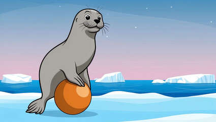 Wall Mural - Cartoon seal balancing a ball with sea and ice background